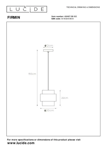 Lucide FIRMIN - Hanglamp - Ø 20 cm - 1xE27 - Mat Goud / Messing - technisch